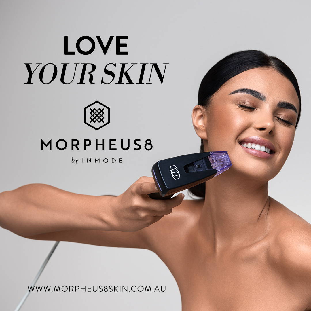 Official Morpheus8 treatment imagery showing the handpiece positioned at the jawline